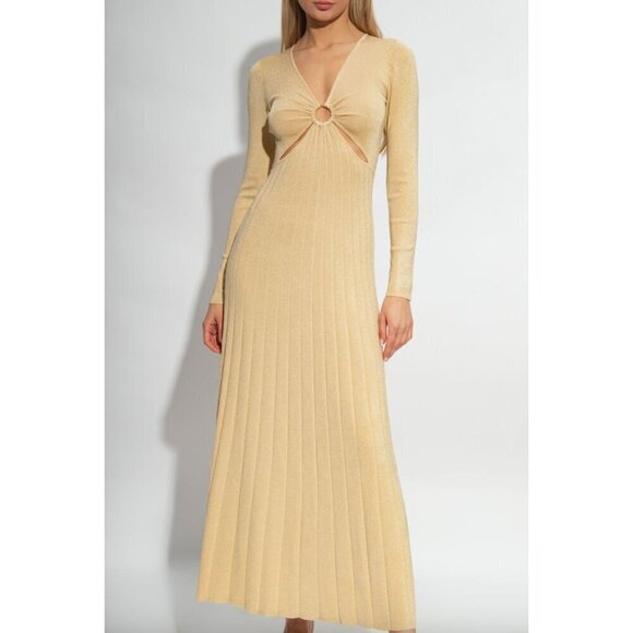 MICHAEL MICHAEL KORS Metallic Pleated O Ring Maxi Dress Gold Cream Womens Size X - Picture 1 of 15